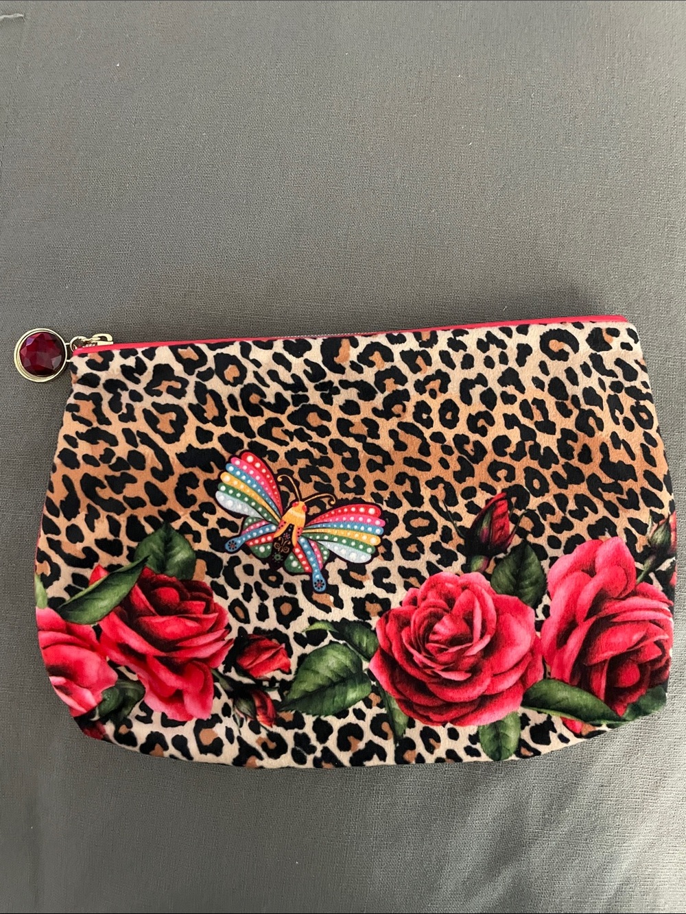 Leopard Print Rose Cosmetic Pouch with Butterfly Accent - Pink/Red